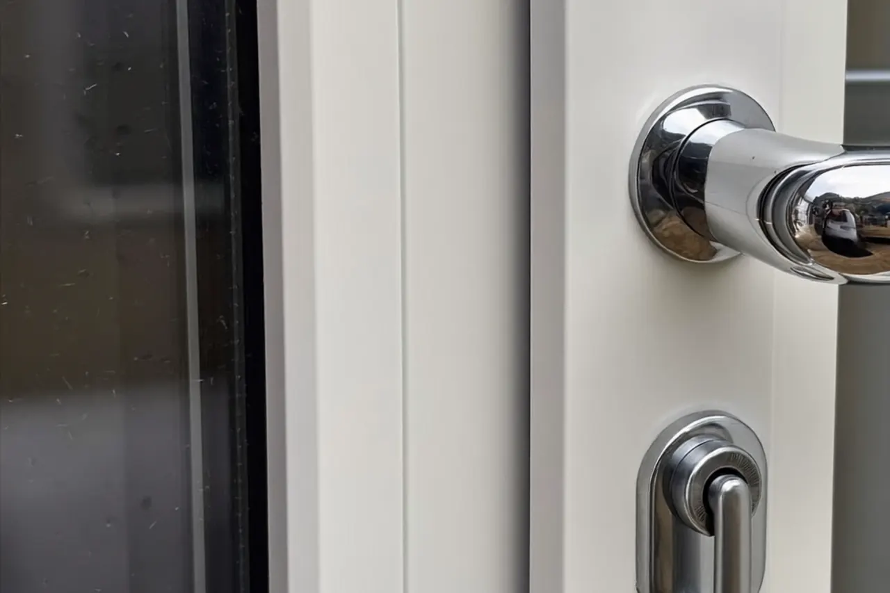 Close-up of a casement window frame, hinge and multi-point lock detail