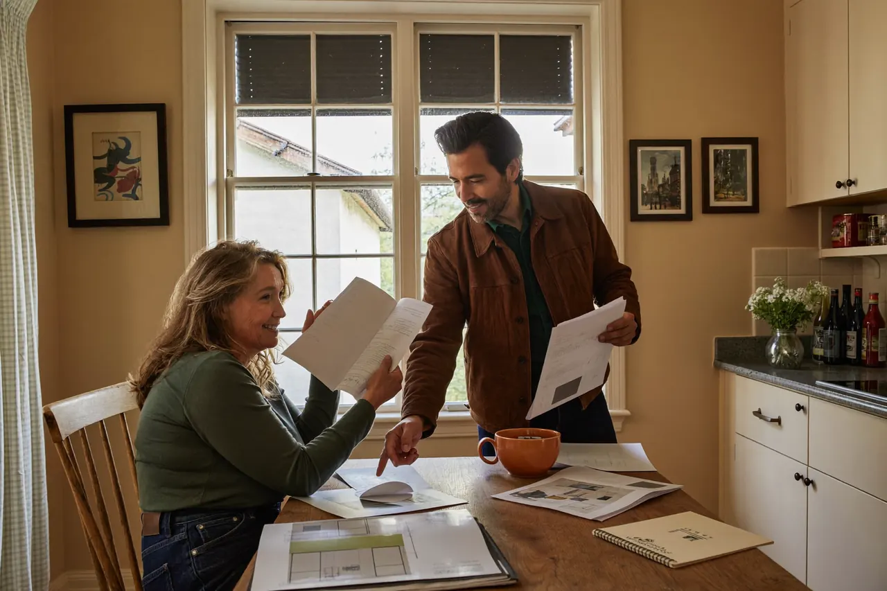 Homeowner reviewing window replacement plans and elevation drawings at a table