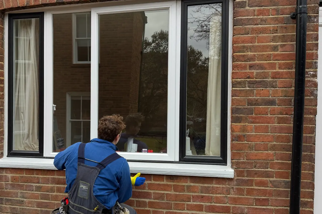 Installer fitting a large ground-floor window to a single-storey bungalow
