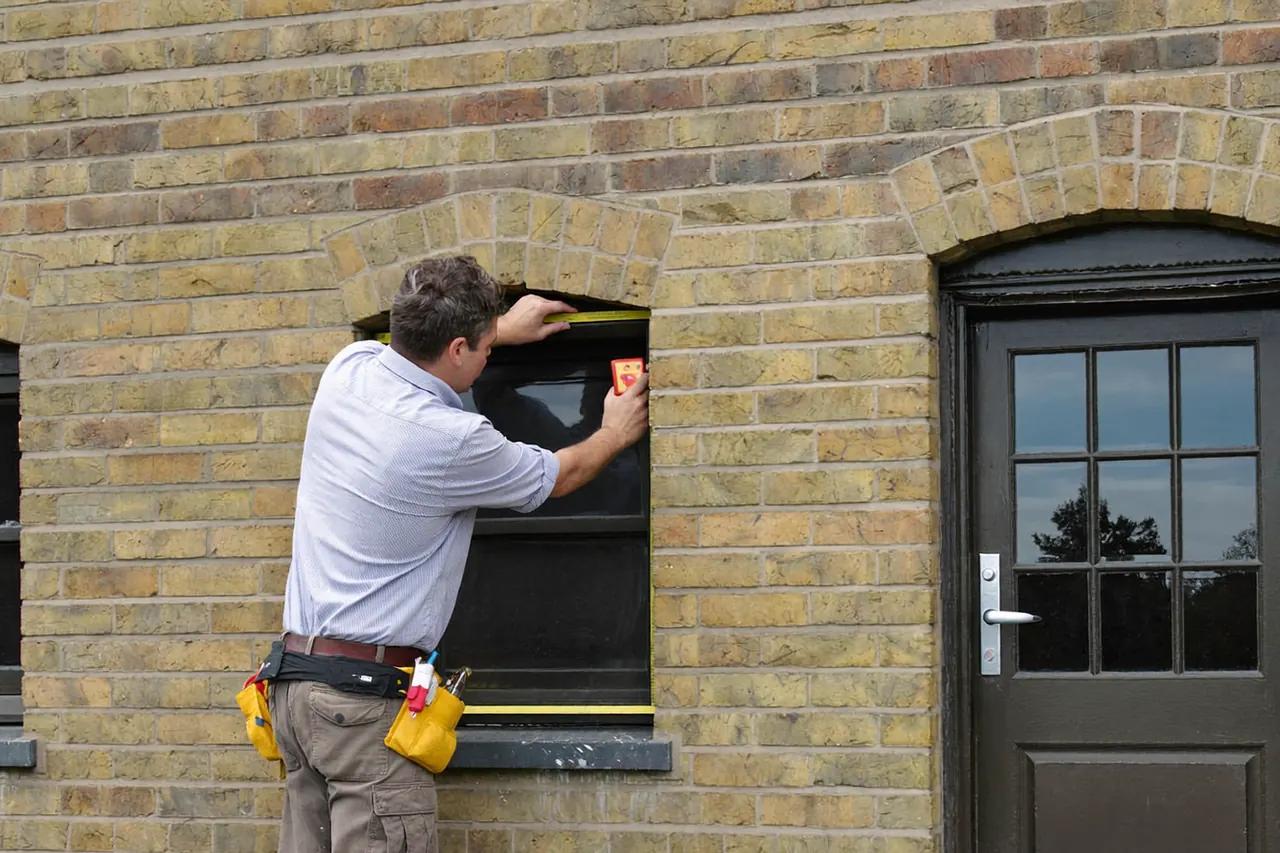Installer measuring an opening before fitting a replacement window in an existing home