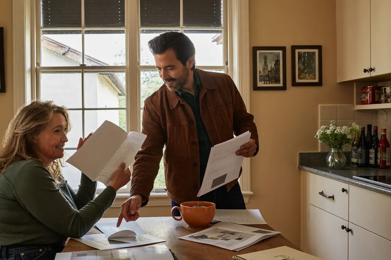 Surveyor at a kitchen table explaining window options to two homeowners