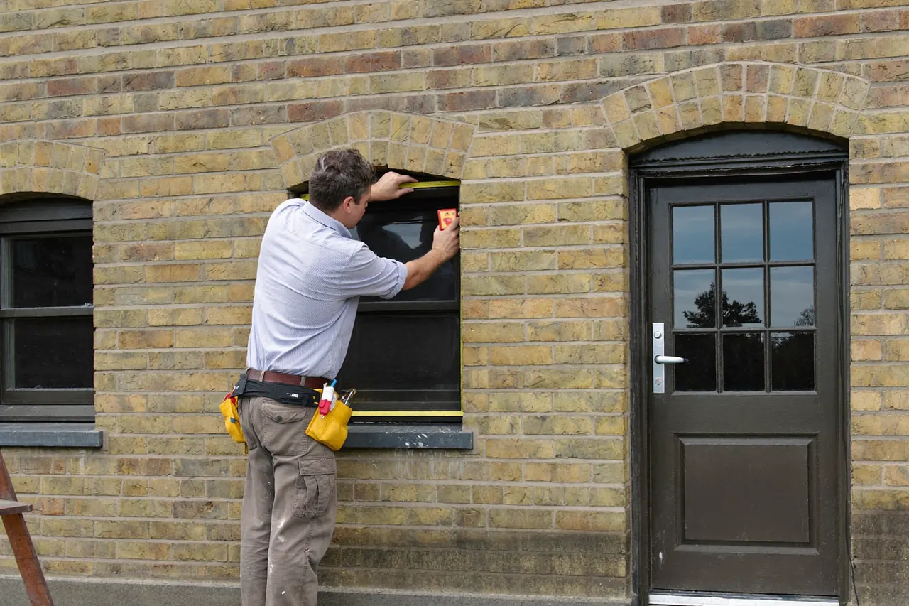 Surveyor measuring a window opening during a home survey