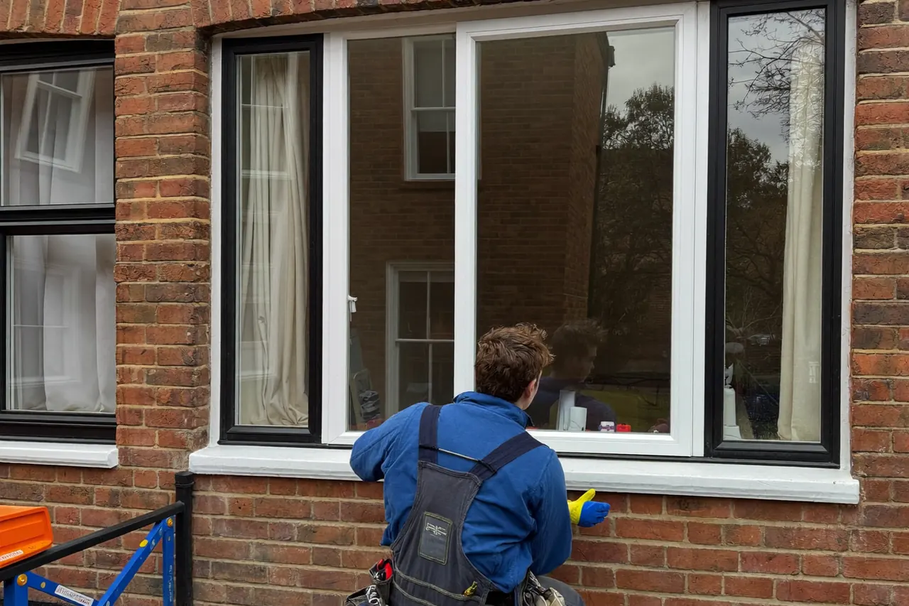 Installer tidying dust sheets and tools after fitting a replacement window