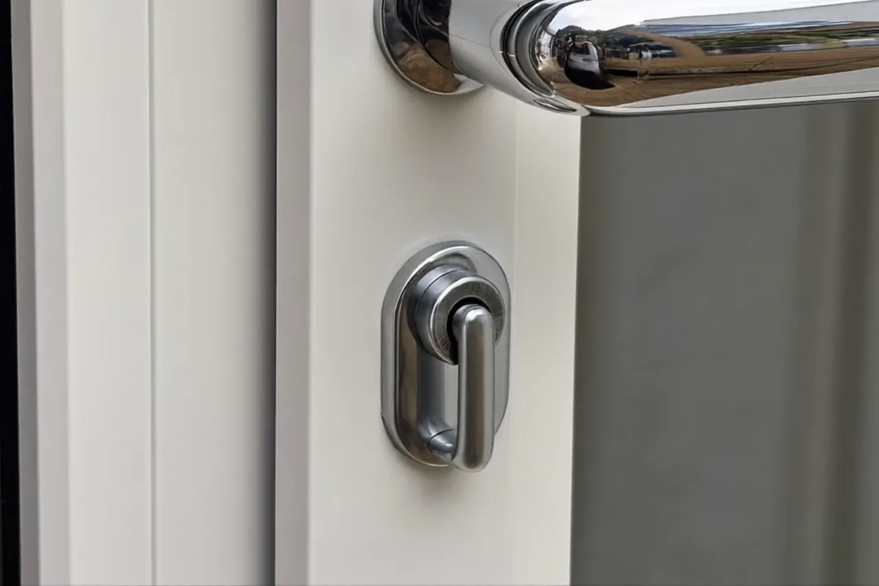 Close-up of a window sill, easy-clean hinge and handle on a ground-floor frame